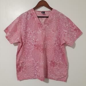 Medgear Pink Floral Print Scrub Top Size 24" Across Chest V-Neck Pockets